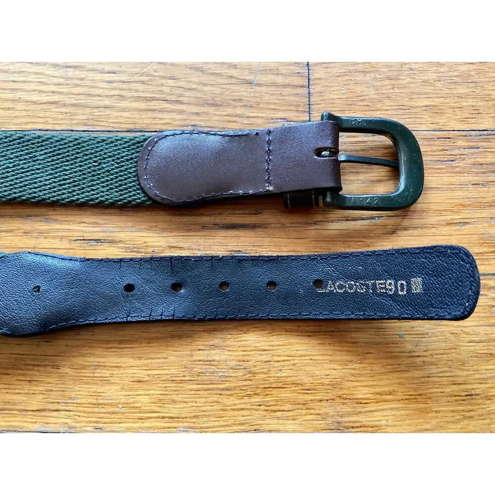Vintage LACOSTE Green Woven Fabric Belt w/Leather Trim sz XS/S